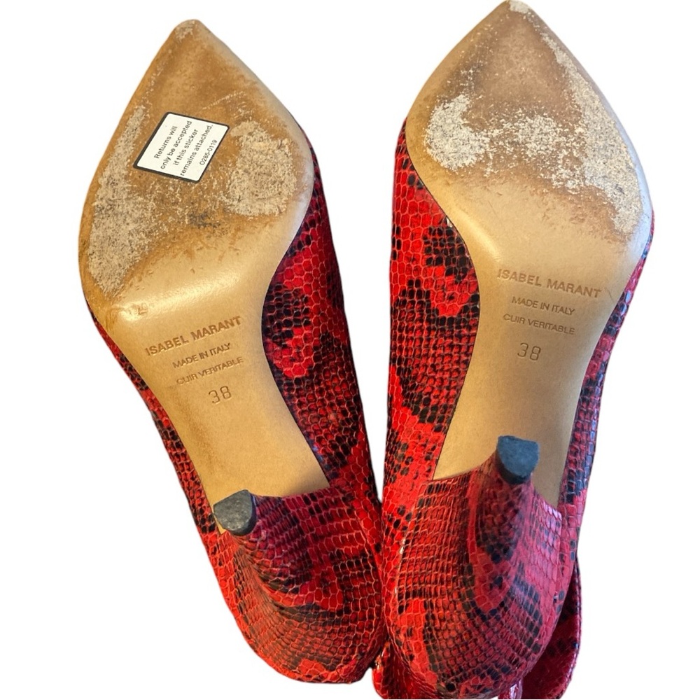 Isabel Marant Red Lisbo Snake-Print Booties Cone Heel Ankle Boots Python Sz 7.5 - Picture 10 of 14